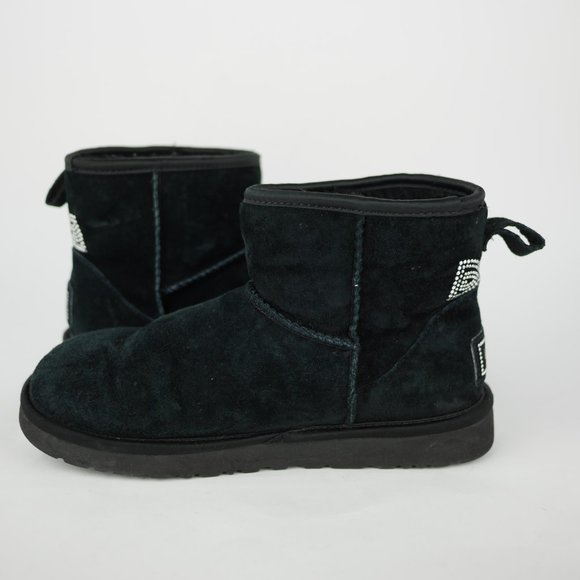UGG Australia Women's 7 Black Leather Boots Short Ankle Fleece Crystal Studded - Picture 7 of 11